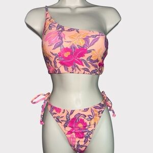 Old Navy Peach Floral Bikini Set One Shoulder Top Small‎ XS Tie Bottom Swimsuit
